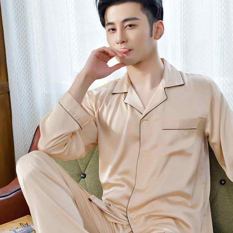 パジャマ メンズ 男性用 寝巻き 部屋着 上下セット 接触冷感 再生繊維 サテン風 薄手 長袖 長ズボン 襟付き グレー ブラック シャンパンゴールド ワインレッド 紺色 大きいサイズ 伸縮性 リラックス 春秋