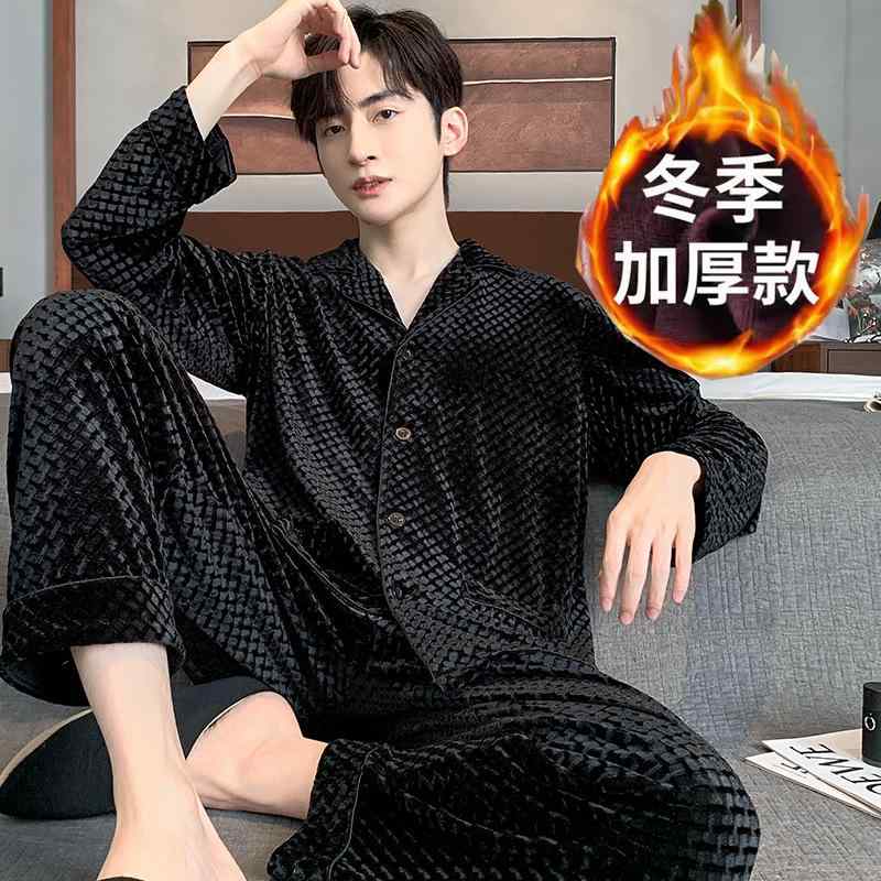 パジャマ メンズ 男性用 韓国絨 ポリエステル 長袖 寝間着 上下セット 部屋着 秋冬 厚手 暖かい 快適 翻 collar 襟 ブラック 黒 M L XL XXL XXXL