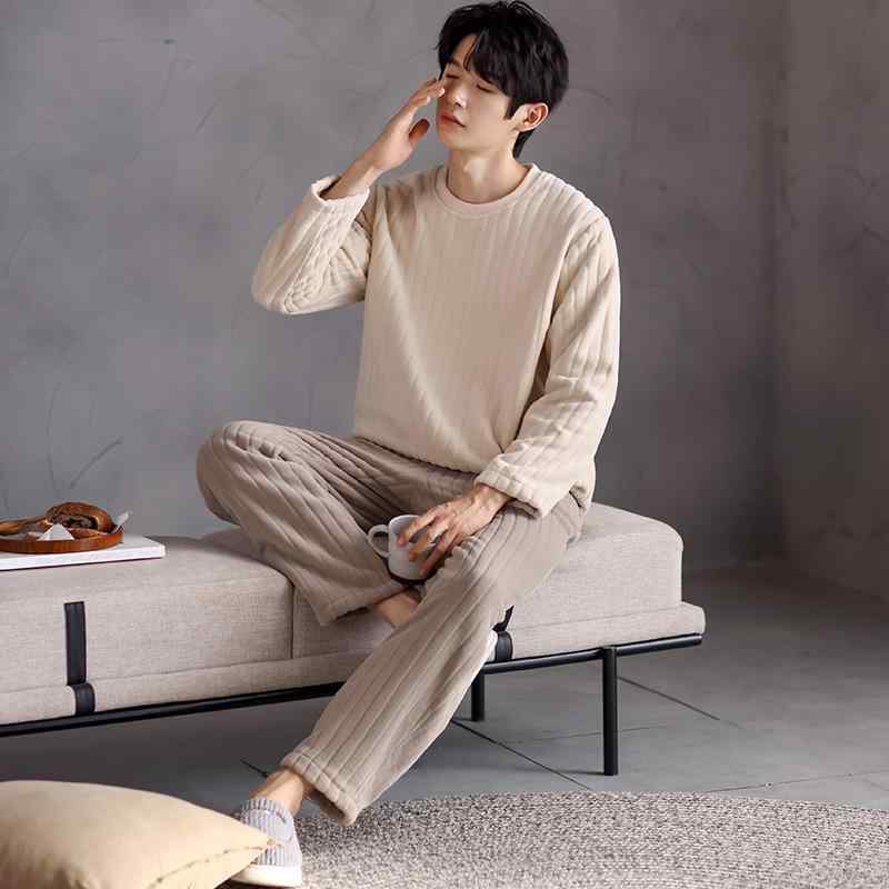 パジャマ メンズ 男性用 冬用 珊瑚フリース 厚手 保温 ラウンドネック プルオーバー フランネル 部屋着 上下セット 長袖 長ズボン ポリエステル 繊維 あったか リラックス ウェア 暖か 秋冬