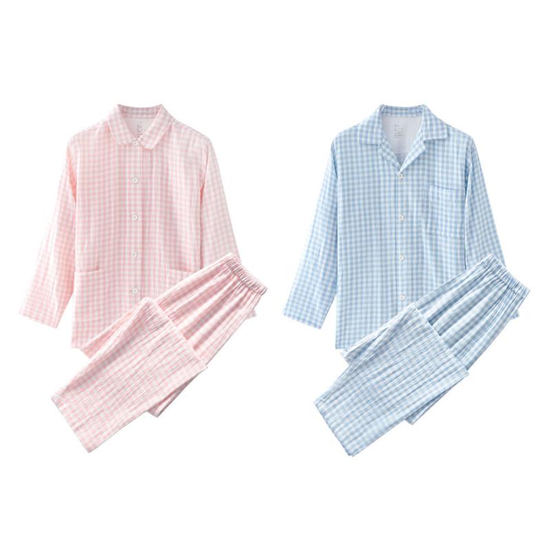 パジャマ レディース 長袖 綿 春夏秋 薄手 格子柄 ルームウェア 上下セット 襟付き かわいい 部屋着 寝巻き 通気性 快適 ピンク系 イエロー系 グリーン系 ブルー系