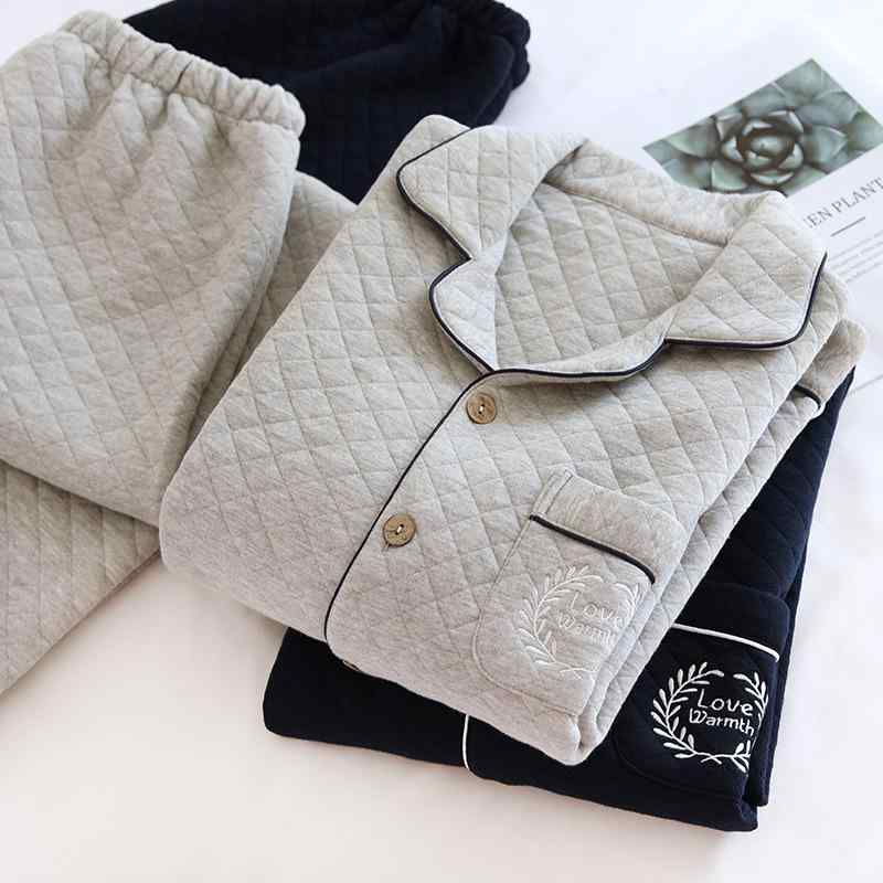 パジャマ メンズ 男性用 長袖 長ズボン 上下セット コットン 綿 厚手 フリース 暖かい 部屋着 寝巻き ルームウェア 秋冬 襟付き 前開き 刺繡 浅グレー 紺色