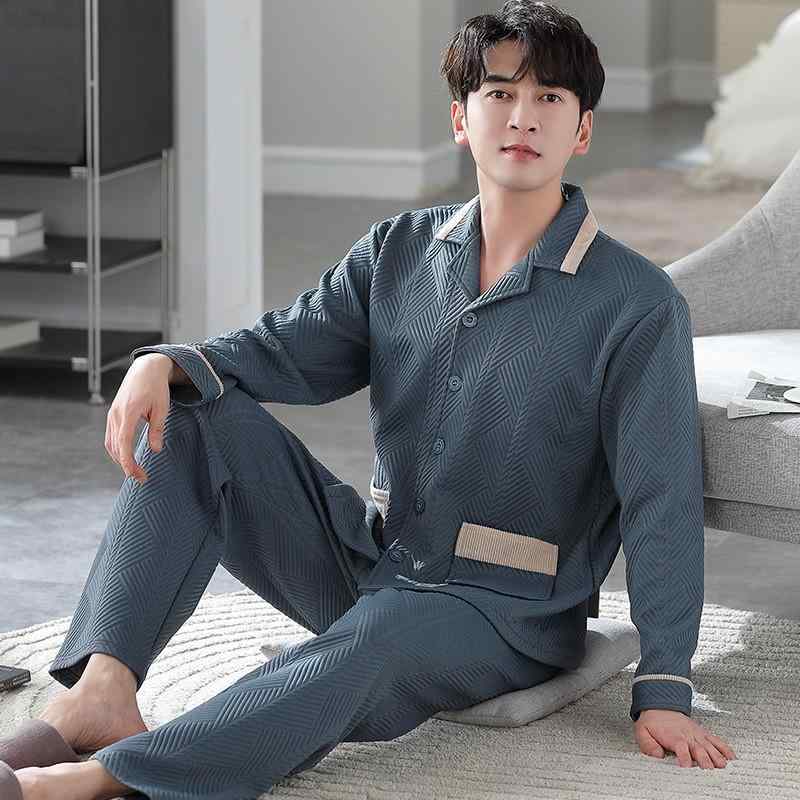 パジャマ メンズ 男性用 春秋 エアコットン 中厚手 長袖 長ズボン 秋冬 冬 部屋着 ルームウェア 上下セット 綿 コットン 襟付き 保温 暖か 快適 普段使い リラックス