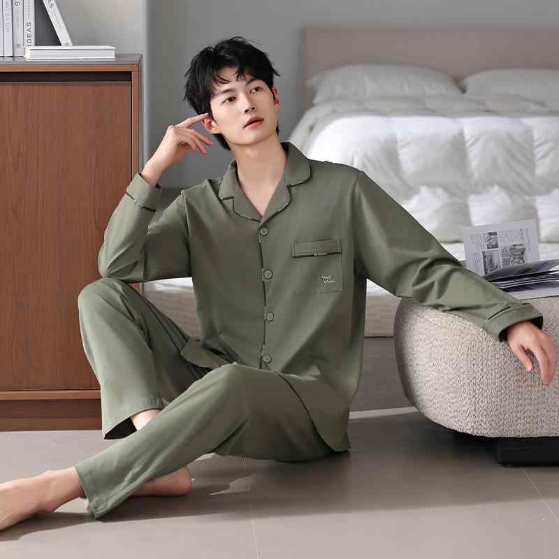 パジャマ メンズ 男性用 春秋 長袖 綿 コットン 前開き 大きいサイズ 襟付き 紳士 ナイトウェア ルームウェア 部屋着 リラックス ゆったり 通気性 快適