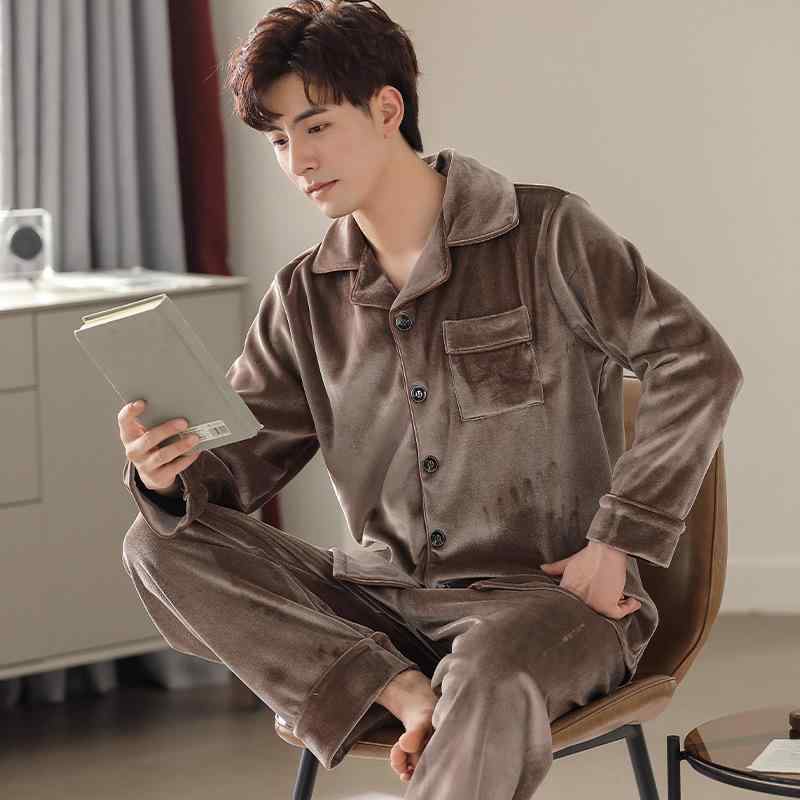 パジャマ メンズ 男性用 冬用 厚手 フリース あったか 暖かい 部屋着 ルームウェア 寝巻き 上下セット 長袖 長ズボン 襟付き 前開き ベルベット調 ポリエステル 伸縮性 保温性 リラックス ゆったり 宝藍色 深グレー コーヒー色