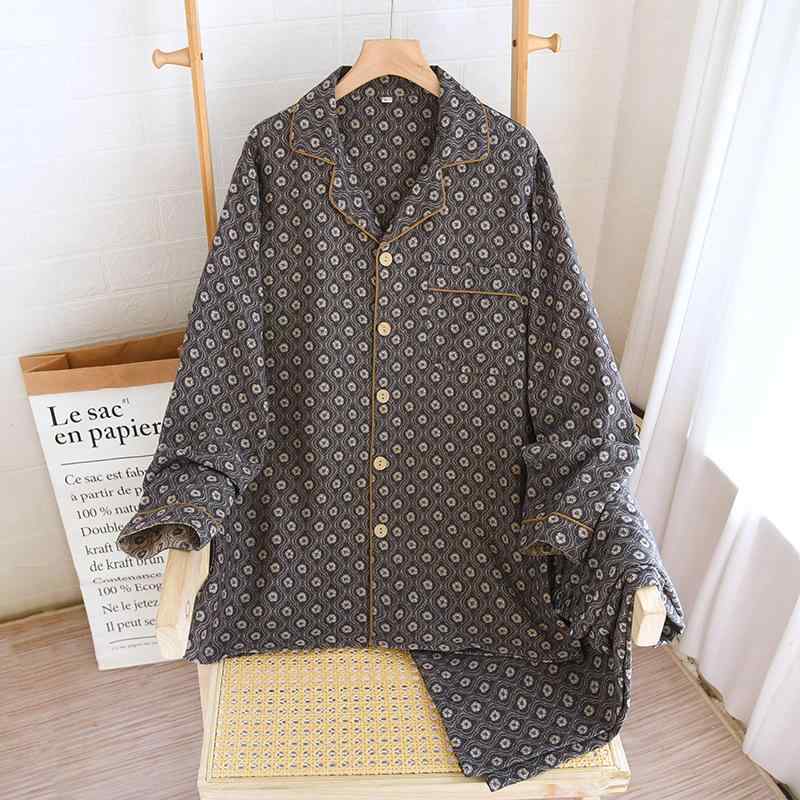 パジャマ メンズ 男性用 綿 長袖 ガーゼ 上下セット 薄手 春秋冬用 前開き 襟付き 部屋着 ルームウェア 寝巻き 通気性 保温性 格子柄 M L XL