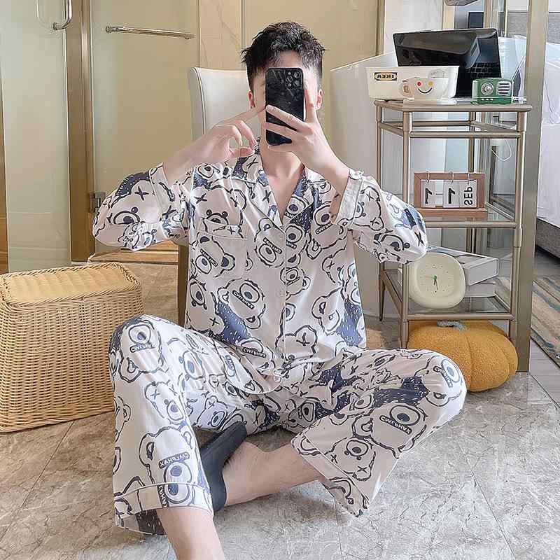 パジャマ メンズ 男性用 春秋 薄手 大きいサイズ 部屋着 寝間着 コットン 快適 柔らかい 通気性 長袖 長ズボン セットアップ 紳士用 ルームウェア 普段使い 寝巻き 襟付き 無地 ストライプ柄 紺色 グレー 2