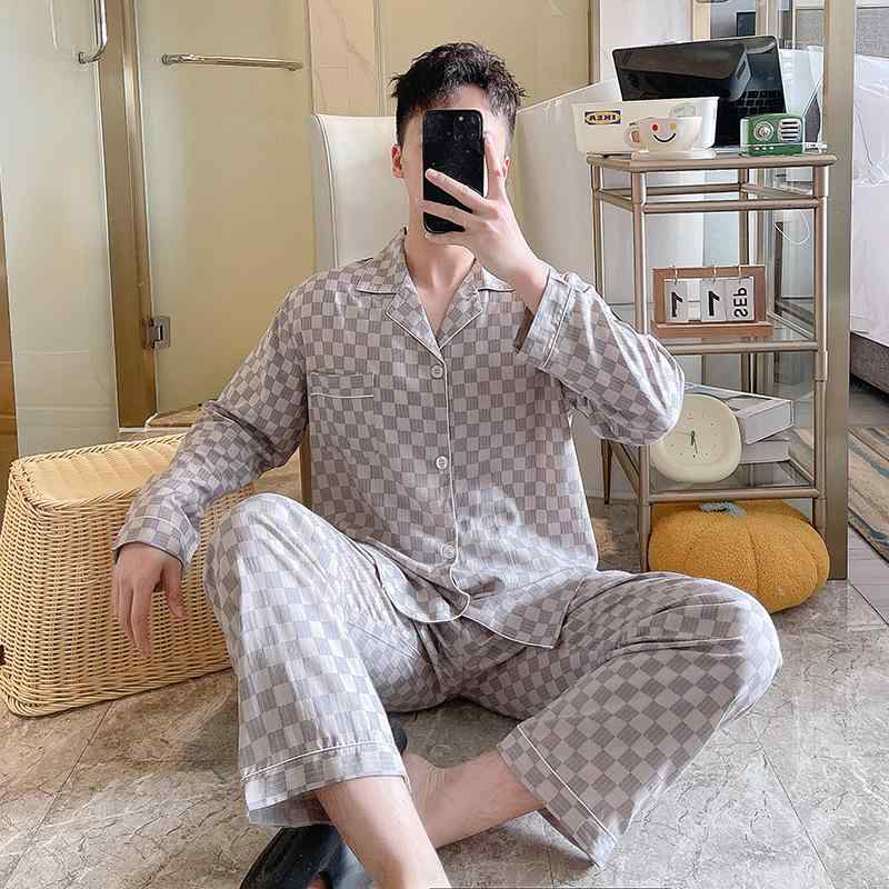パジャマ メンズ 男性用 春秋 薄手 大きいサイズ 部屋着 寝間着 コットン 快適 柔らかい 通気性 長袖 長ズボン セットアップ 紳士用 ルームウェア 普段使い 寝巻き 襟付き 無地 ストライプ柄 紺色 グレー 3