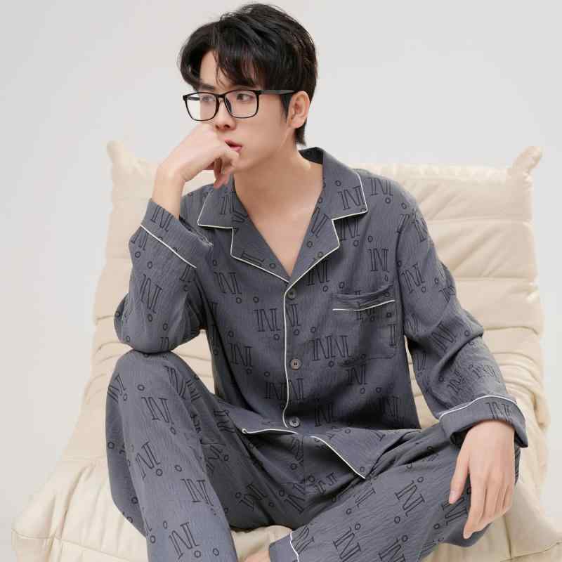 パジャマ メンズ 男性用 春秋 長袖 長ズボン 前開き 雲 ドット コットン 夏 大きいサイズ リラックス ウェア 部屋着