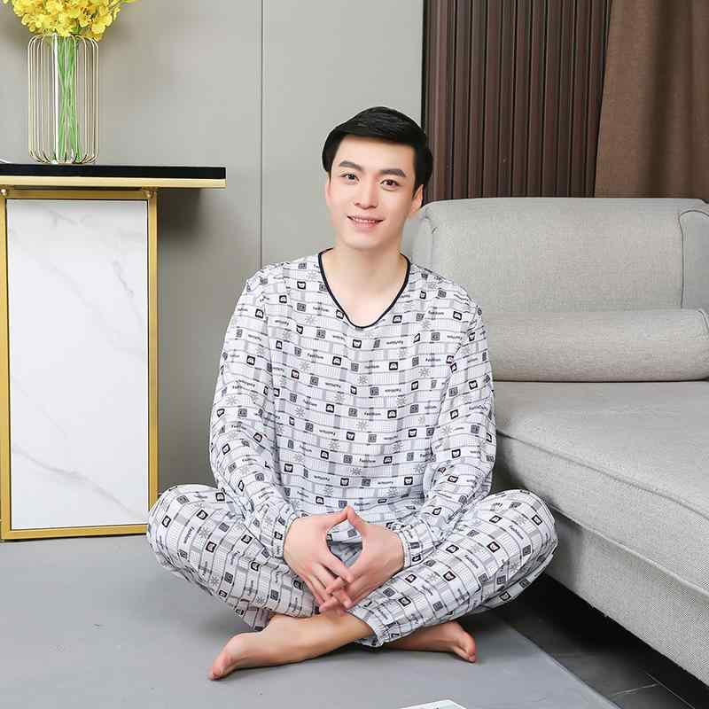 パジャマ メンズ 男性用 長袖 上下セット 人造綿 コットン 部屋着 ルームウェア 寝巻き 大きいサイズ ゆったり 薄手 春夏 秋 涼しい 快適 リラックス おしゃれ 普段使い