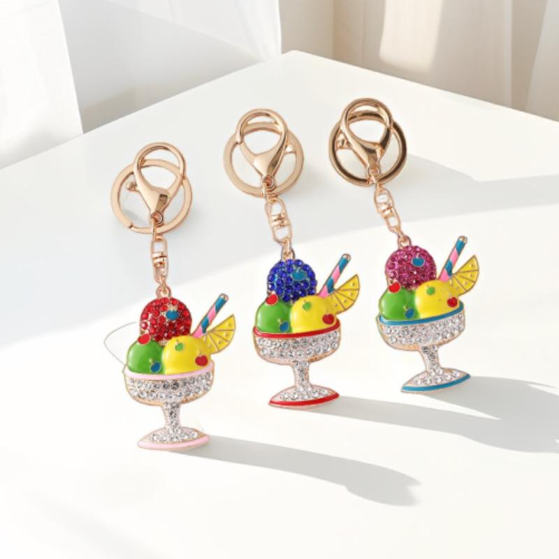 キーホルダー レディース かわいい アイスクリーム バッグ ペンダント ラインストーン 合金 赤 ブルー 自動車 キーリング(x2)(4)