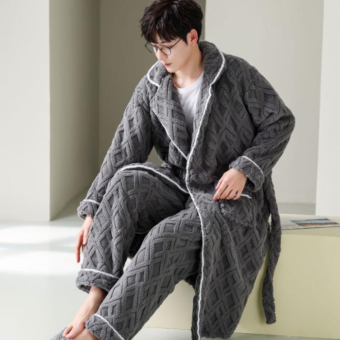 パジャマ メンズ 男性用 秋冬 長袖 長ズボン フランネル 厚手 大きいサイズ ゆったり 暖かい 部屋着 寝間着 ルームウェア 刺繡 ポリエステル グレー ブラック 無地