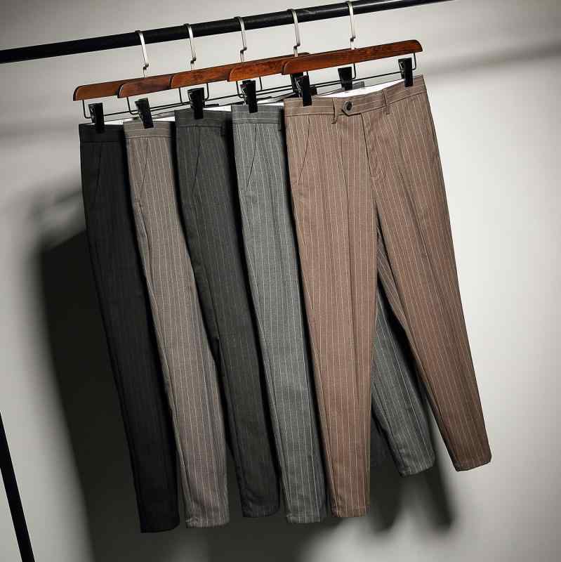 パンツ メンズ 男性用 スラックス ストライプ柄 スリムフィット 9分丈 ズボン 韓国 ビジネス カジュアル 小脚 コットン 綿 ブラック 黒 ブラウン 茶 グレー グレー