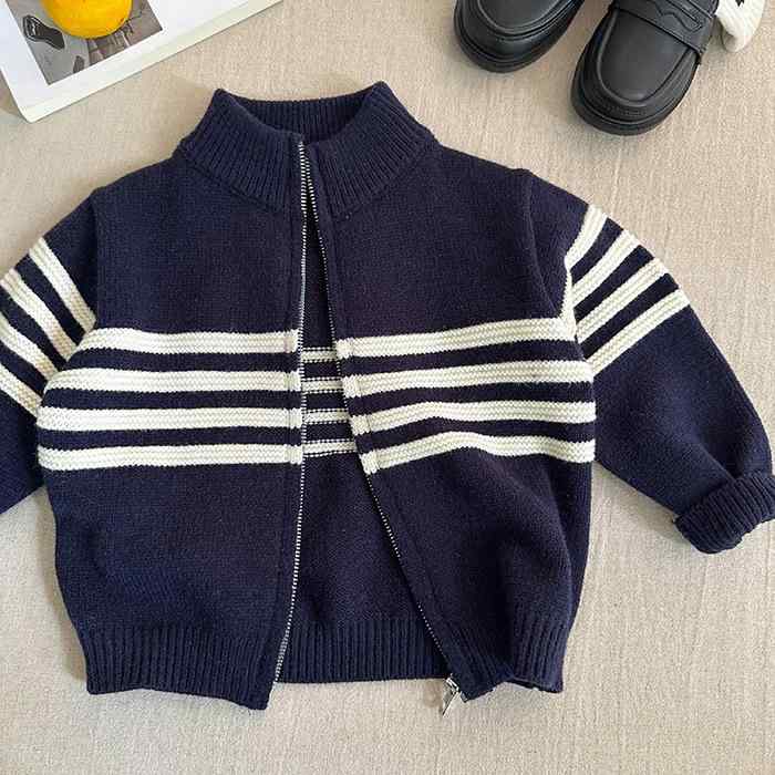 ニット・セーター キッズ 男の子 ストライプ カーディガン コットン 秋 TB風 アウター やわらか ベビー..