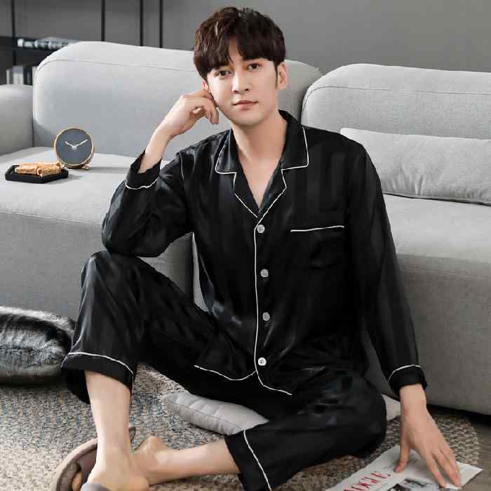 パジャマ メンズ 男性用 接触冷感 長袖 長ズボン 上下セット ポリエステル 繊維 襟付き 大きいサイズ ゆったり リラックス 部屋着 春秋