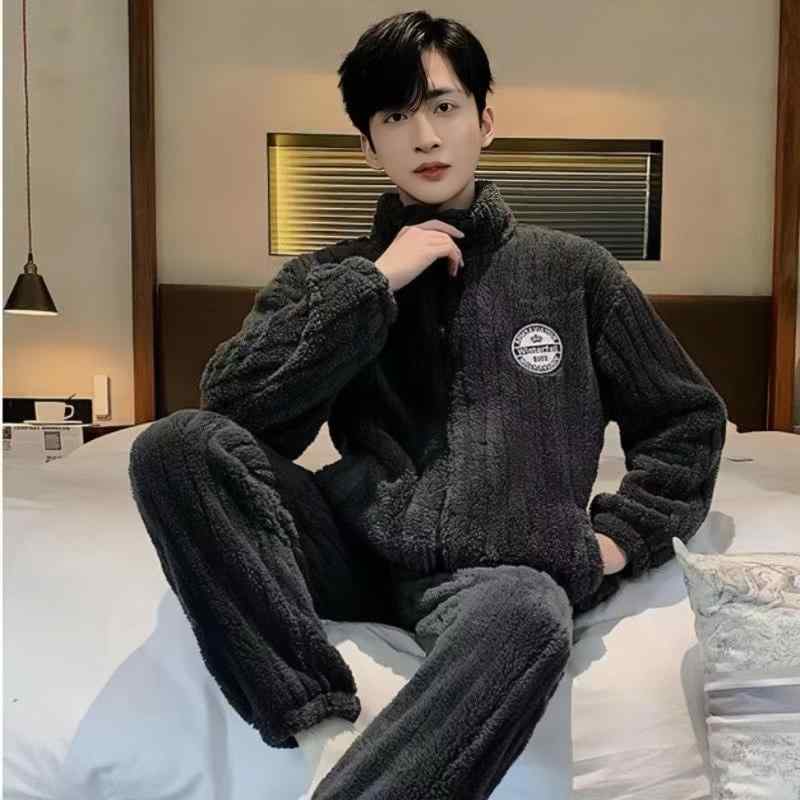 ルームウェア メンズ 男性用 上下セット パジャマ 珊瑚マイヤー 暖かい 厚手 秋冬 立襟 長袖 長ズボン 部屋着 寝巻き リラックスウェア 普段使い ダークグレー コーヒー