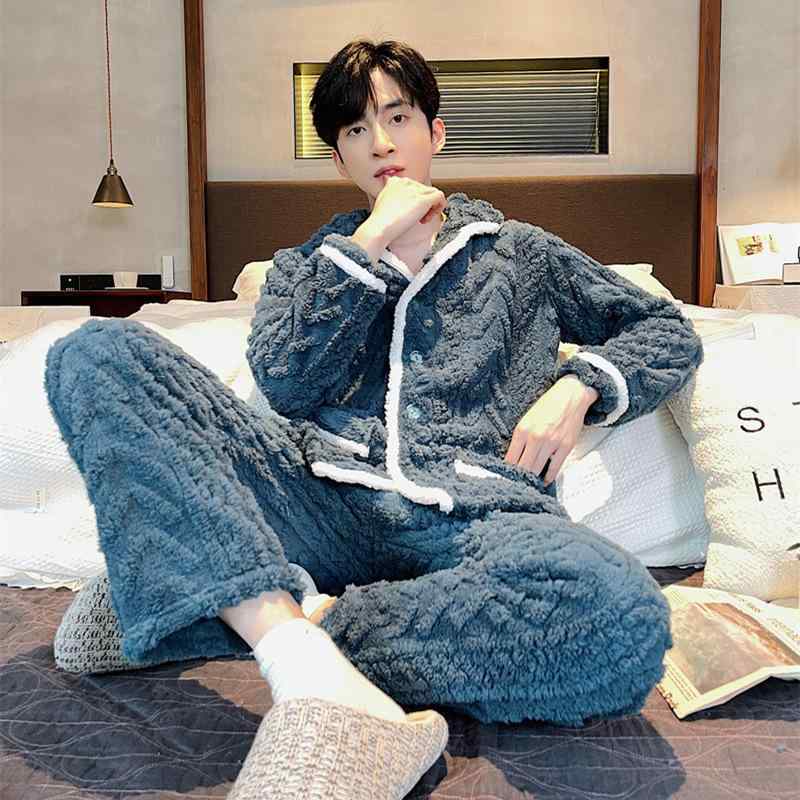 パジャマ メンズ 男性用 秋冬 厚手 フリース 大きいサイズ 保温 部屋着 上下セット 長袖 長ズボン 寝巻き ルームウェア 襟付き ポリエステル 暖かい ゆったり リラックス 春夏