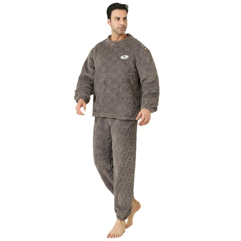 パジャマ メンズ 男性用 舒棉絨 ポリエステル繊維 上下セット ルームウェア 部屋着 寝巻き 長袖 長ズボン ラウンドネック 暖かい 秋冬 ゆったり 大きめサイズ リラックス 伸縮性 ベージュ グレー