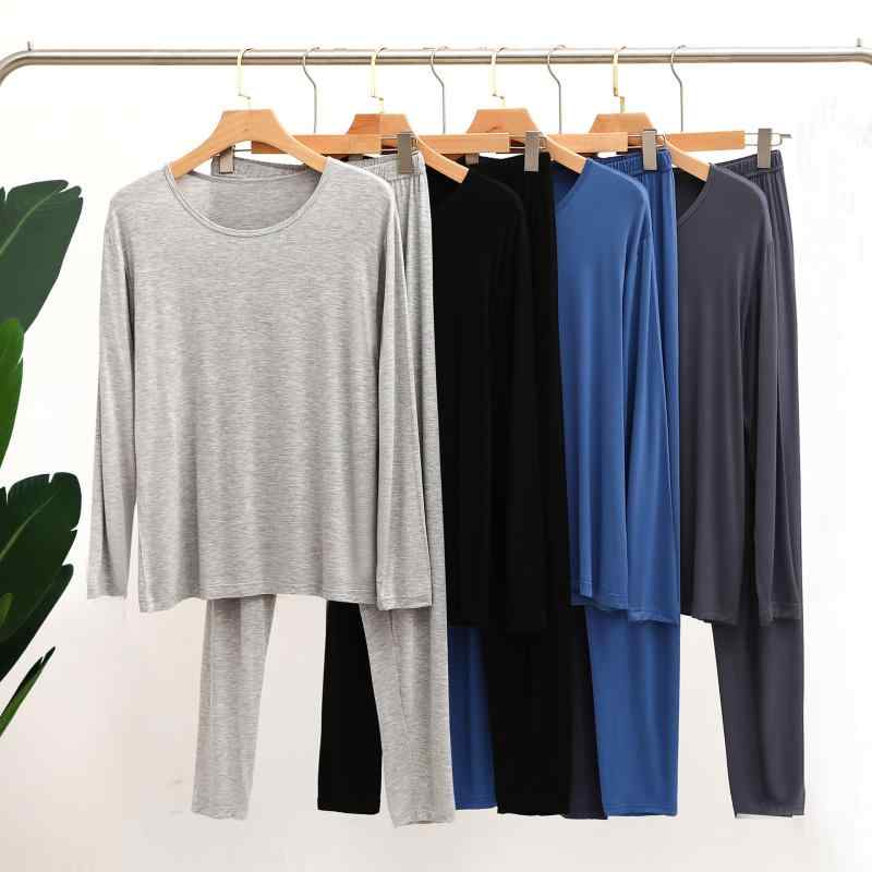 パジャマ メンズ 男性用 上下セット 再生繊維 長袖 長ズボン 丸首 部屋着 寝巻き リラックスウェア 伸縮性 通気性 暖か 春秋冬 ブラック グレー