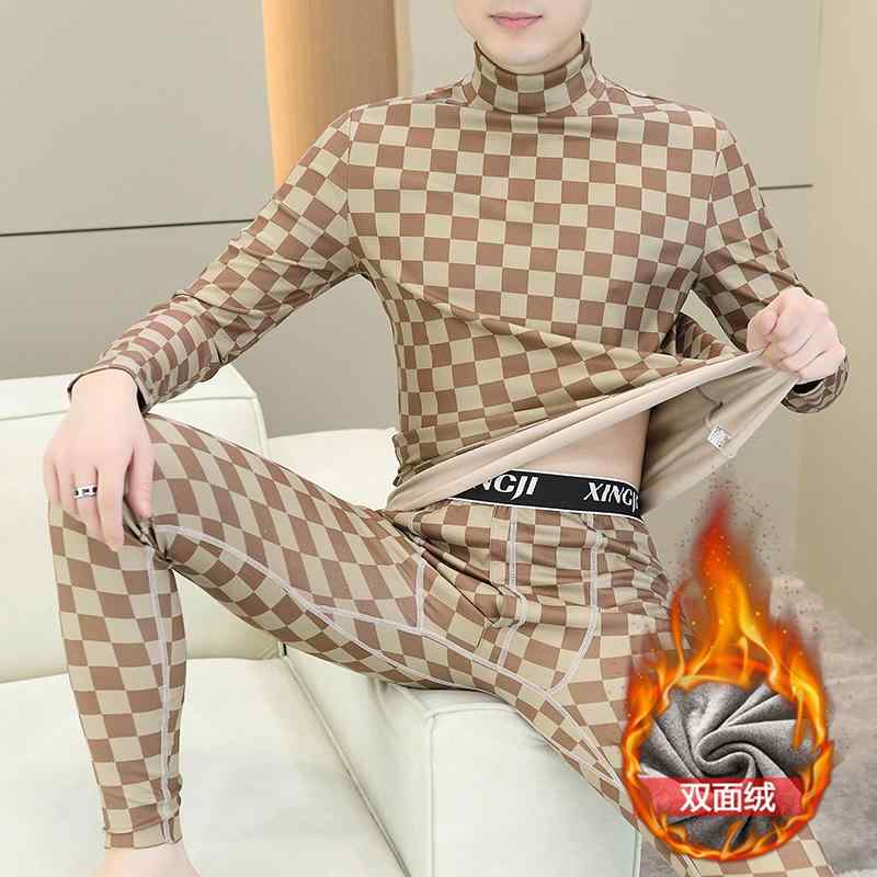 インナー メンズ 男性用 保温肌着 上下セット 裏起毛 あったか 厚手 防寒 格子柄 トップス 長袖 長ズボン