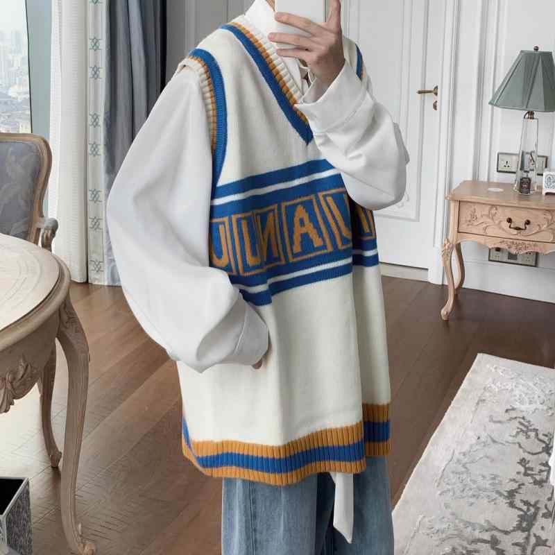 ニットベスト 男性用 Vネック ノースリーブ 刺繍 トップス 秋物 韓国 ゆったり 普段使い カジュアル ポリエステル ブラック ホワイト