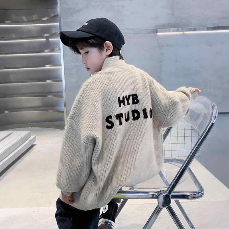 Rakuten - 子供服 ニット カーディガン 男の子 アウター 秋冬 ニット トップス 中学生 高校生 長袖 前開き 高学年 厚手 カジュアル 普段着 カキ色 黒
