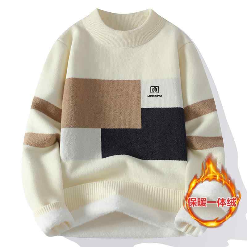 ニット メンズ 男性用 セーター 長袖 秋冬 加絨 厚手 保温 リブ編み ハーフハイネック ゆったり 普段使い ルームウェア オフホワイト グレー グリーン