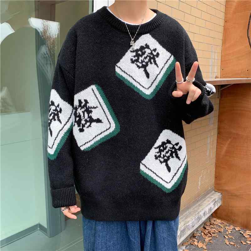 ニット メンズ ニットカーディガン ラウンドネック 長袖 プルオーバー 接触冷感 プリント ゆったりサイズ カジュアル 普段使い 秋冬 赤 黒 青