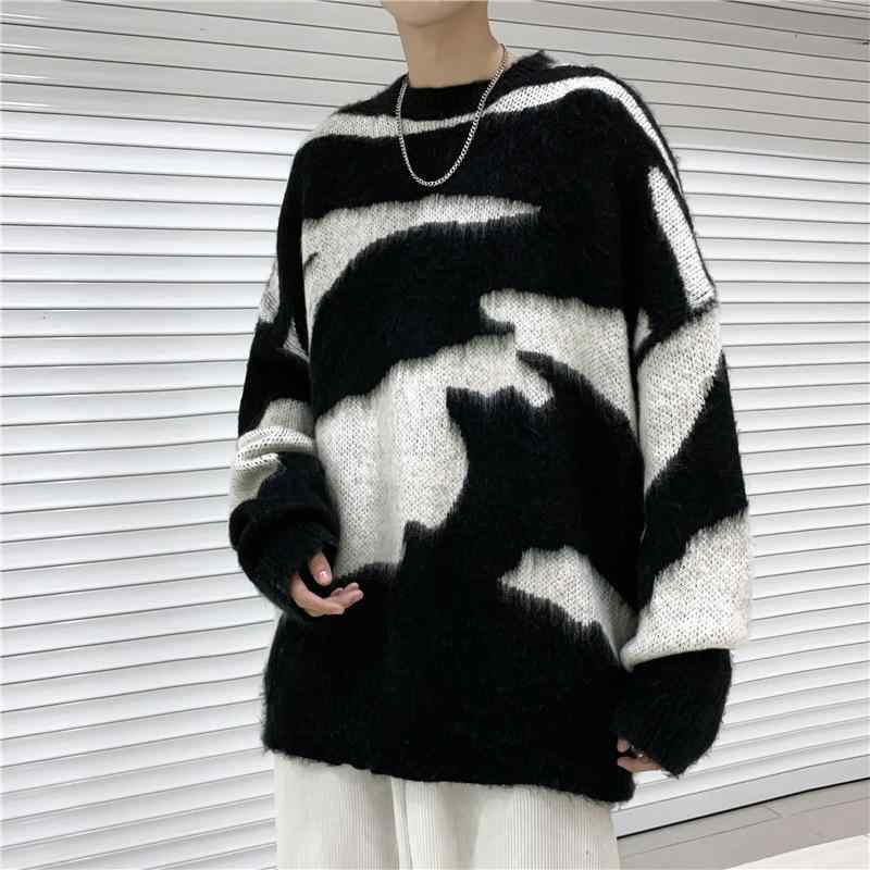 Knit Sweater - ニット メンズ 秋冬 扎染 クルーネック プルオーバー 宽松 オーバーサイズ レトロ 切り替え バイカラー セーター トップス