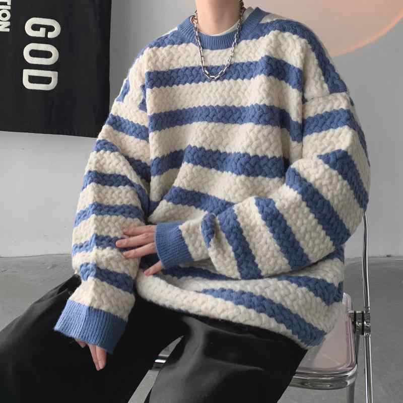 拉链 - ニット メンズ 秋冬 長袖 ラウンドネック プルオーバー セーター ゆったり 厚手 暖かい トップス カジュアル 普段使い 青 黒 緑 ブラウン