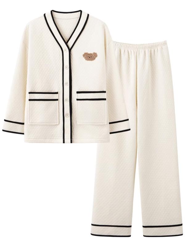 パジャマ レディース メンズ 長袖 上下セット 秋冬 暖かい かわいい Vネック ポリエステル 部屋着 ルームウェア 小熊 ベア柄 黒 ブラック ベージュ