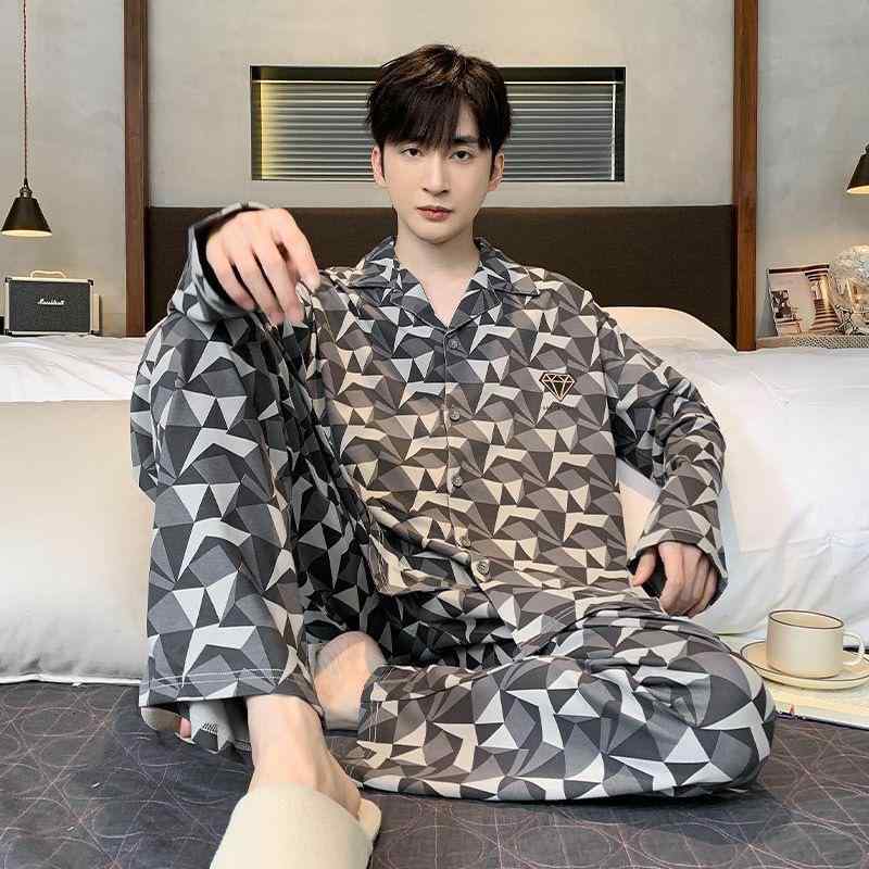 パジャマ メンズ 男性用 春秋 長袖 コットン 部屋着 ルームウェア 寝巻き 上下セット 大きいサイズ 綿 柔らかい 通気 快適 伸縮性 普段使い 4401銀青斑条 4402灰青OK 4403茶黒チェック 4405灰緑 4406グレー金縁 44