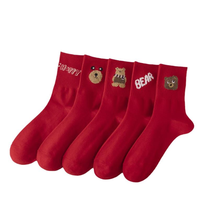 靴下 レディース ソックス 秋冬 5足セット ポリエステル 綿混紡 中筒丈 滑り止め 吸汗 ストライプ 格子柄 白熊 アニマル柄 レッド カジュアル