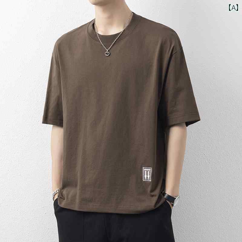 半袖 メンズ 夏用 ゆったり シンプル 厚手 コットン ラウンドネック Tシャツ ボーイズ カジュアル トッ..