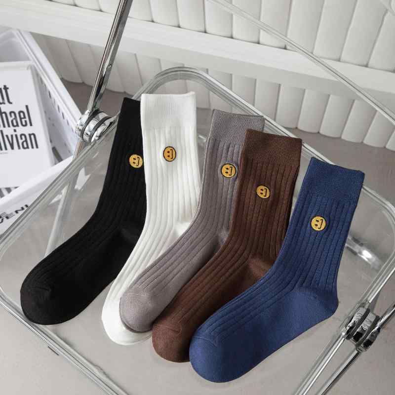 靴下 男性用 刺繡 スマイルマーク コットン ハイソックス リブソックス 5色セット 吸汗 防臭 秋冬(x2)