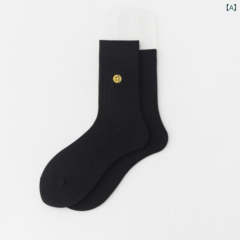 靴下 男性用 刺繡 スマイルマーク コットン ハイソックス リブソックス 5色セット 吸汗 防臭 秋冬(x2)