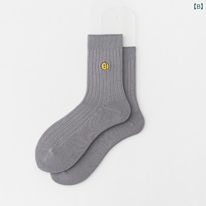 靴下 男性用 刺繡 スマイルマーク コットン ハイソックス リブソックス 5色セット 吸汗 防臭 秋冬(x2)