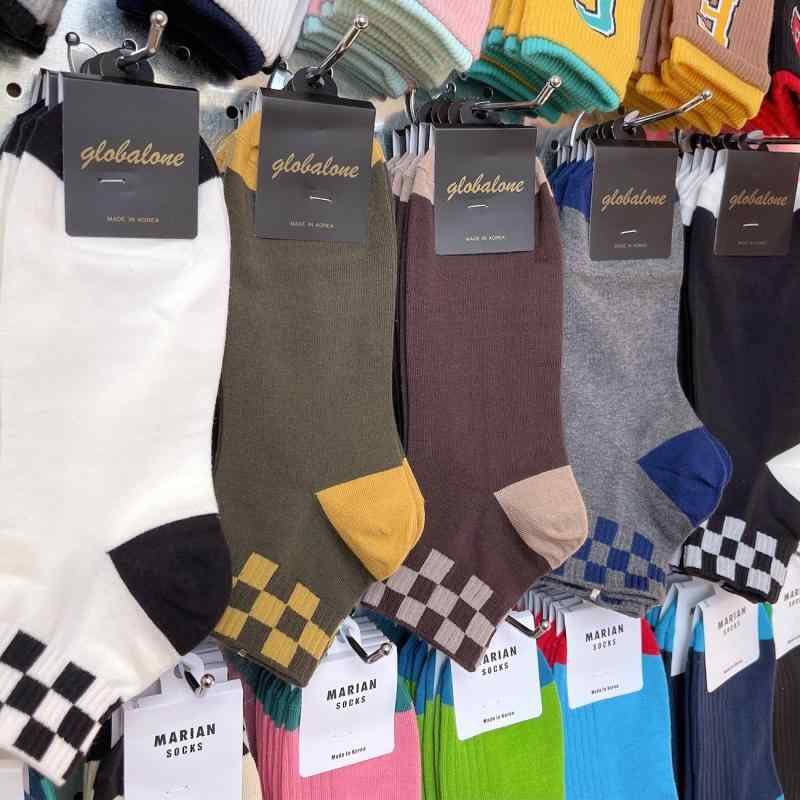 靴下 メンズ 男性用 ショートソックス 市松模様 チェック柄 切り替え ミドル丈 ソックス コットン カジュアル オールシーズン 白 グレー カーキ ブラウン ブラック(x5)