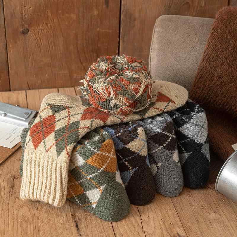 靴下 メンズ 男性用 秋冬 厚手 裏起毛 あったか クルー丈 ソックス ウール混 菱形 ケーブル編み カジュアル 普段使い 防寒 冷え対策 黒..