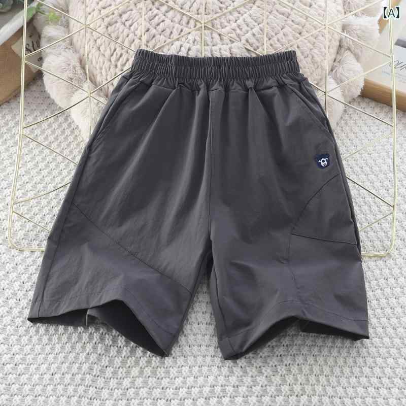 LINEAR shopのパンツ キッズ 子供 中大童 男の子 女の子 速乾 ハーフパンツ 5分丈 スポーツ ウェア 伸縮性 涼しい ズボン 化繊 混紡 無地 普段着 部屋着 グレー グリーン｜アングル2