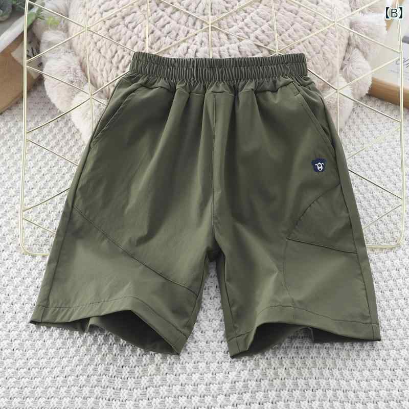 LINEAR shopのパンツ キッズ 子供 中大童 男の子 女の子 速乾 ハーフパンツ 5分丈 スポーツ ウェア 伸縮性 涼しい ズボン 化繊 混紡 無地 普段着 部屋着 グレー グリーン｜アングル3