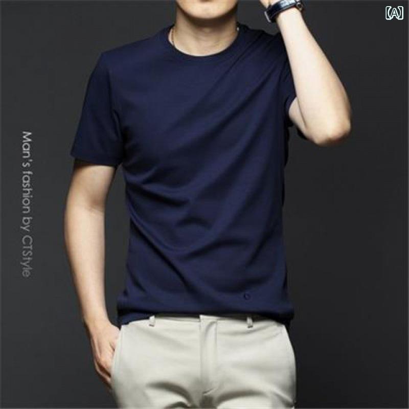 Tシャツ メンズ 半袖 接触冷感 トップス 無地 ラウンドネック スリムフィット カットソー 普段使い カジュアル スタイル ウェア 藏藍 深灰 藍青 ブラック ホワイト 天藍 棕色 黒灰 深紫 橙色 霧藍 磚紅 藏青 酒紅 膚色