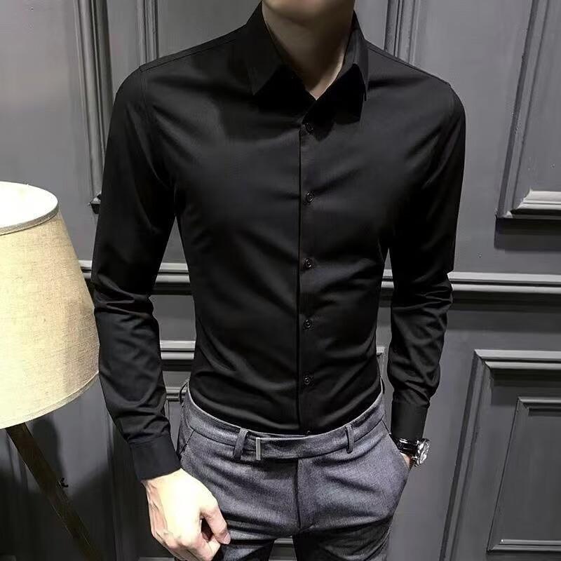 シャツ メンズ 長袖 白シャツ 韓国 スリム 無地 ビジネス オフィス フォーマル トップス 紳士服 春秋 薄手 形態安定 醋酯繊維 黒 白 青 ピンク系