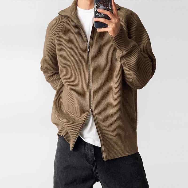 ニット カーディガン メンズ 秋冬 ハーフハイネック ジップアップ 宽松 休闲 ポリエステル ブラック カーキ(3.0)