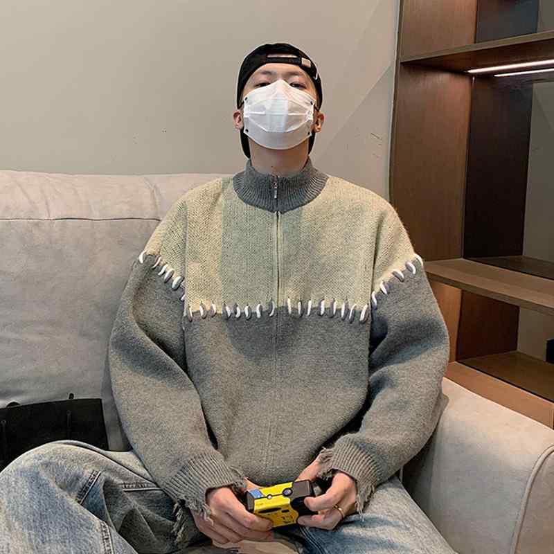 ニット カーディガン メンズ 秋冬 配色 切り替え ジップアップ スタンドカラー 長袖 トップス プルオーバー 普段使い