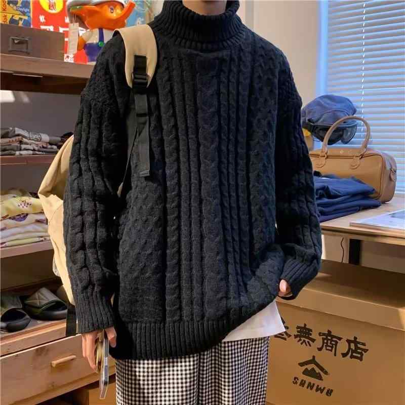 ニット メンズ ニットトップス セーター タートルネック ケーブル編み 厚手 ゆったり オーバーサイズ 秋冬 あったか 暖かい カジュアル 男性用 黒 ブラック 茶色 ブラウン 3