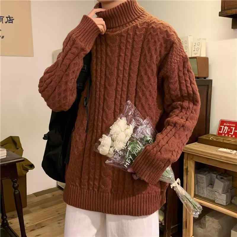 ニット メンズ ニットトップス セーター タートルネック ケーブル編み 厚手 ゆったり オーバーサイズ 秋冬 あったか 暖かい カジュアル 男性用 黒 ブラック 茶色 ブラウン 2