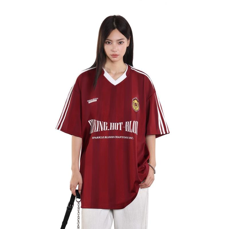 Tシャツ メンズ Vネック ストリート アルファベット柄 ストライプ 半袖 ポリエステル混紡 ゆったり 普段使い 赤 レッド 黒 ブラック 紺 ネイビー