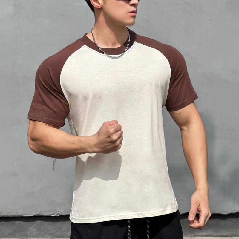 Tシャツ 男性用 トレーニング トップス 半袖 コットン 切り替え ランニング ウェア ゆったり 薄手 米白 ホワイト 濃紺 ライトグレー キャメル