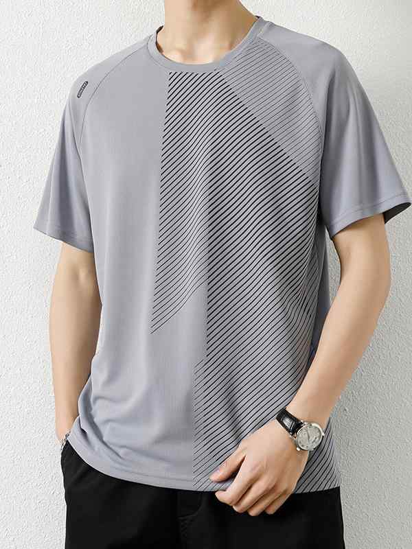 Rakuten - Tシャツ メンズ 男性用 大きいサイズ メッシュ 通気性 半袖 薄手 速乾 スポーツ 接触冷感 涼感 ストライプ トップス 普段使い ルームウェア ポリエステル ブラック ホワイト グレー