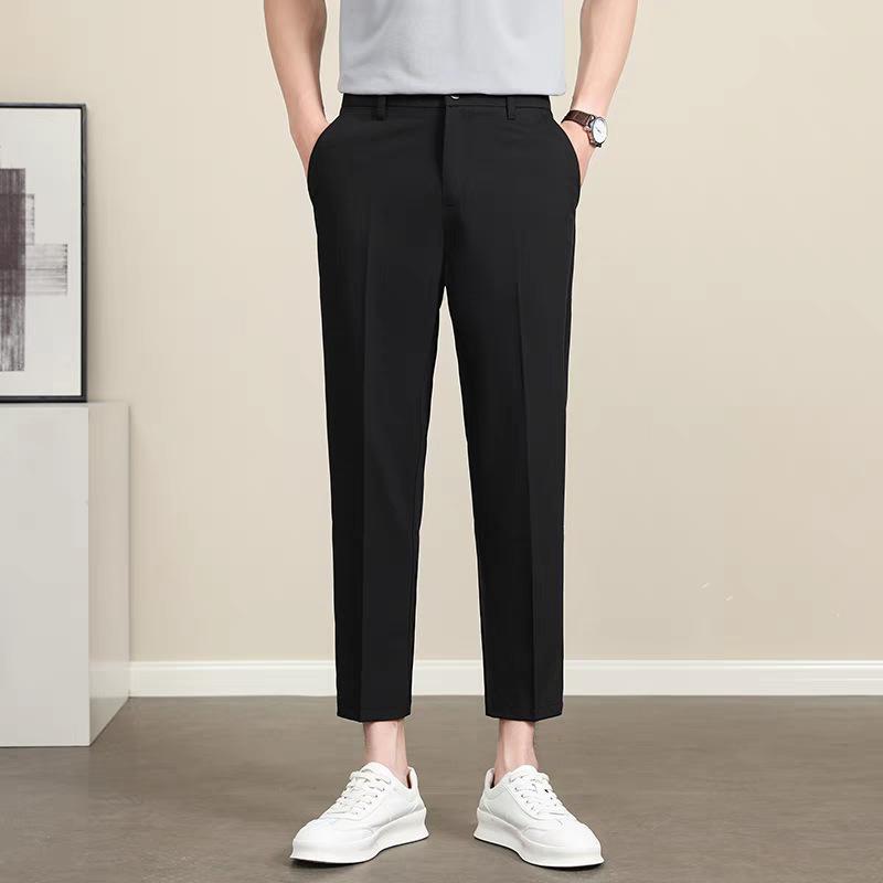 パンツ メンズ 男性用 スラックス 春秋 ビジネス カジュアル テーパードパンツ 9分丈 ポリエステル 無地 ブラック グレー 美脚効果 通勤(x2)